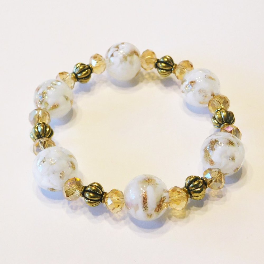 Handmade Gold & White Glass Beaded  Stretch Bracelet - 7.5"